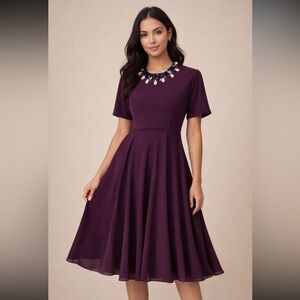 ASOS Plum Purple Embellished Neckline Fit & Flare Midi Dress US 4
